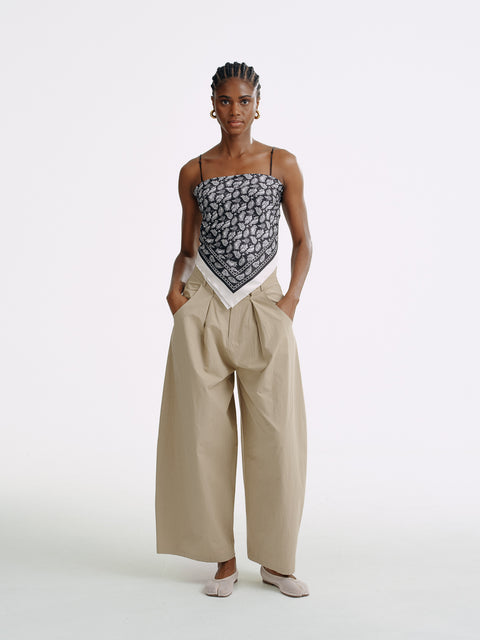 LT25053B Cotton Pleated Wide Leg Trousers Khaki