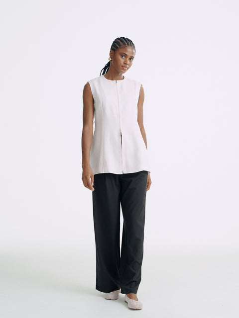 LT26041B Longline Linen Zip Vest Sand