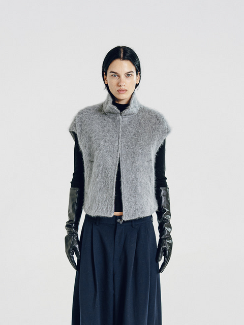 Brushed Wool-Cashmere Zipper Vest Gray