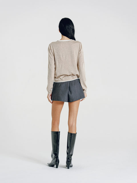 Nora Two Tone Henley Knit Sweater Oatmeal