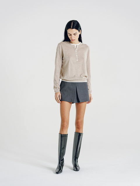 Nora Two Tone Henley Knit Sweater Oatmeal
