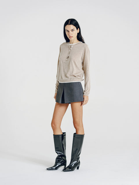 Nora Two Tone Henley Knit Sweater Oatmeal