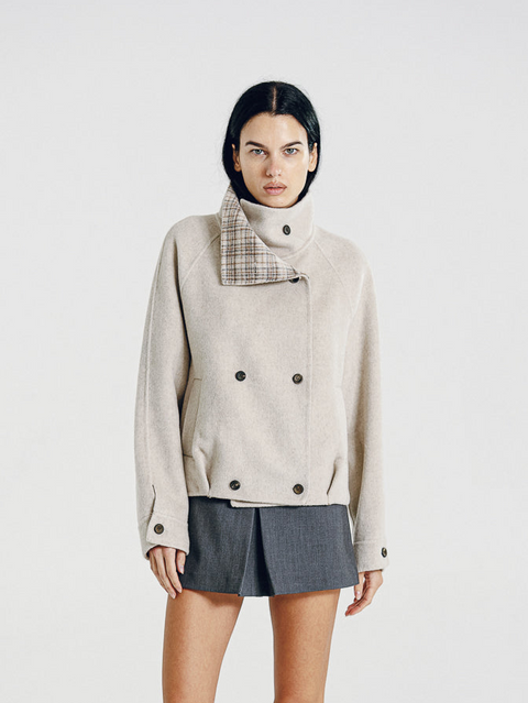 Wool Funnel-Neck Double-Breasted Coat Beige