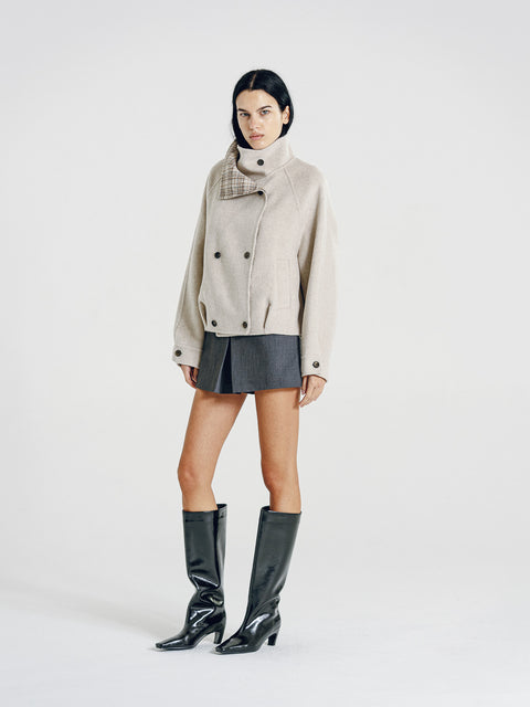 Wool Funnel-Neck Double-Breasted Coat Beige