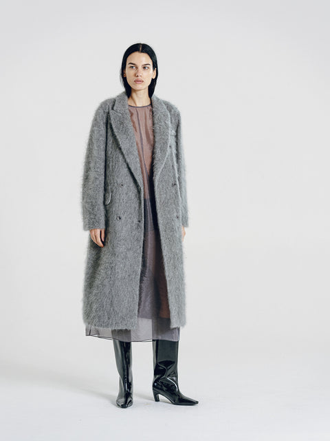 Brushed Wool-Cashmere Double-Breasted Coat Gray