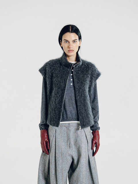 Brushed Wool-Cashmere Zipper Vest Charcoal