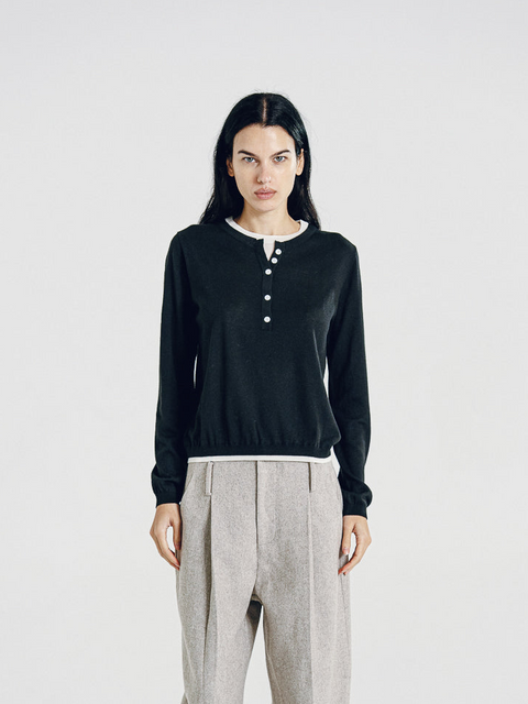 Nora Two Tone Henley Knit Sweater Black