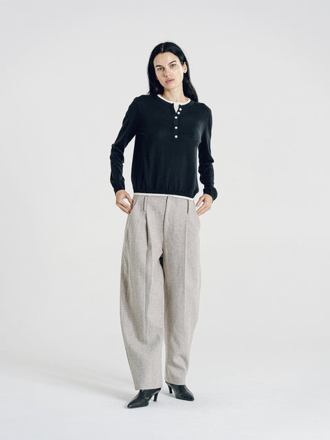 Nora Two Tone Henley Knit Sweater Black