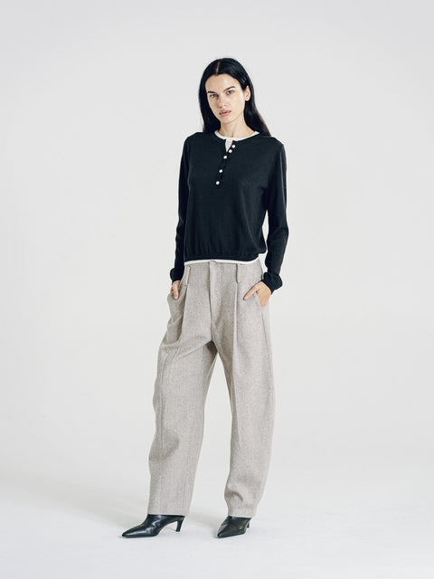 Nora Two Tone Henley Knit Sweater Black