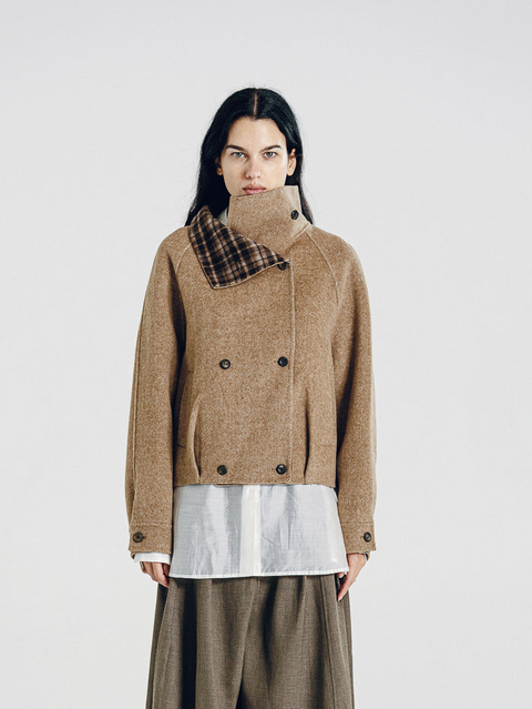 Wool Funnel-Neck Double-Breasted Coat Camel