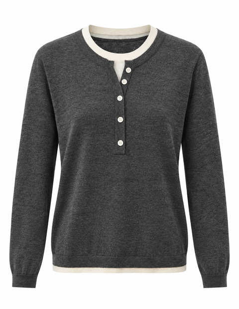 Nora Two Tone Henley Knit Sweater Gray