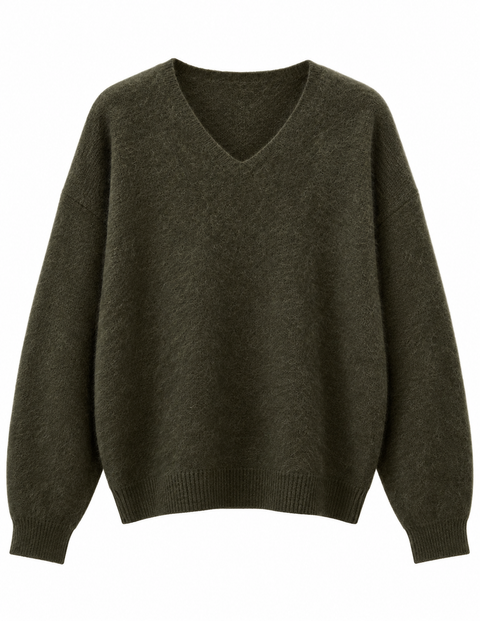 Sam Brushed Cashmere-Wool V-Neck Sweater Olive