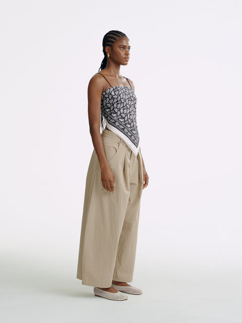 LT25053B Cotton Pleated Wide Leg Trousers Khaki