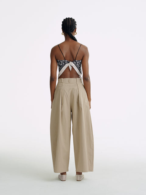 LT25053B Cotton Pleated Wide Leg Trousers Khaki