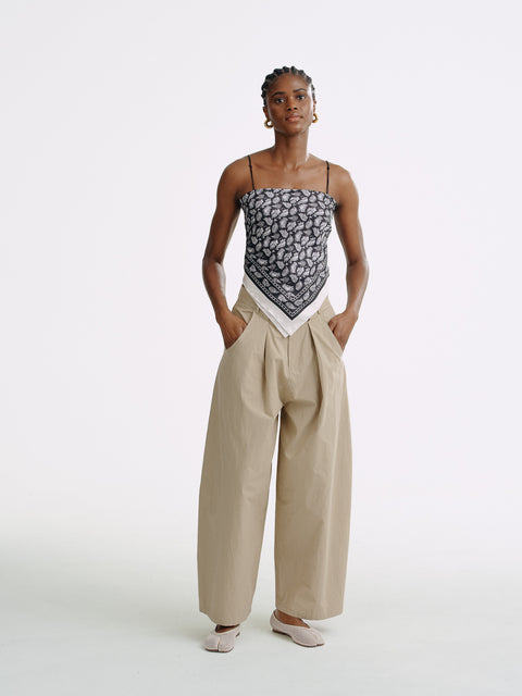 LT25053B Cotton Pleated Wide Leg Trousers Khaki