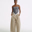 LT25053B Cotton Pleated Wide Leg Trousers Khaki