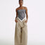 LT25053B Cotton Pleated Wide Leg Trousers Khaki
