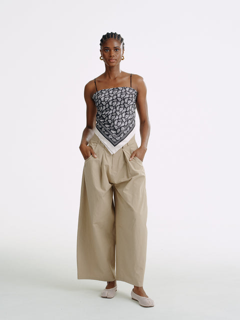 LT25053B Cotton Pleated Wide Leg Trousers Khaki