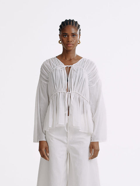 LT26080 Textured Cotton Tie-Front Blouse