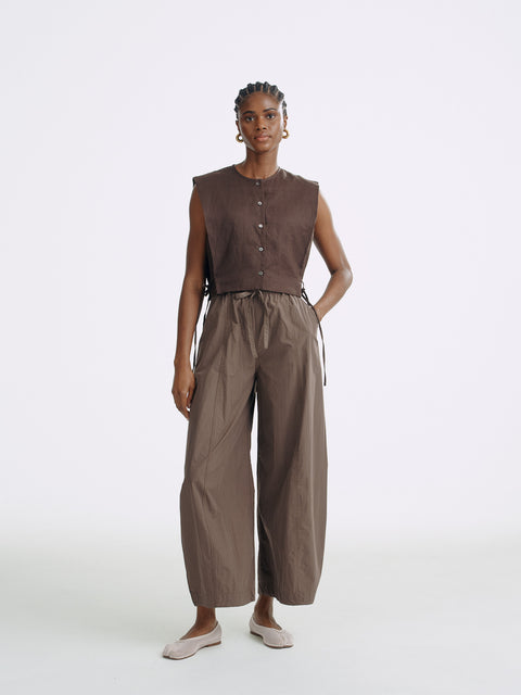 LT26042B Side Tie Linen Top Brown