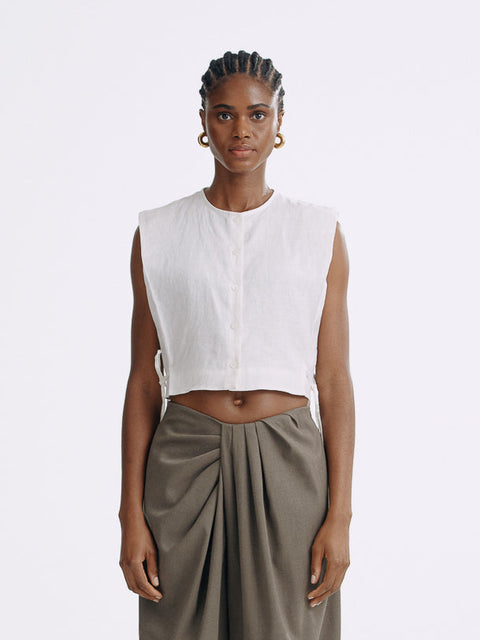 LT26042 Side Tie Linen Top White