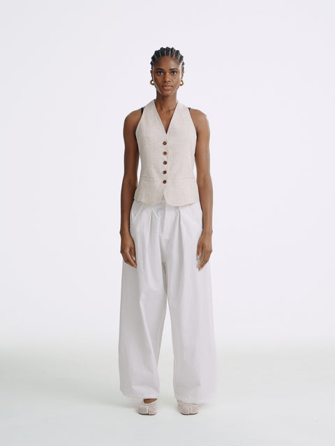 LT25053 Cotton Pleated Wide Leg Trousers White