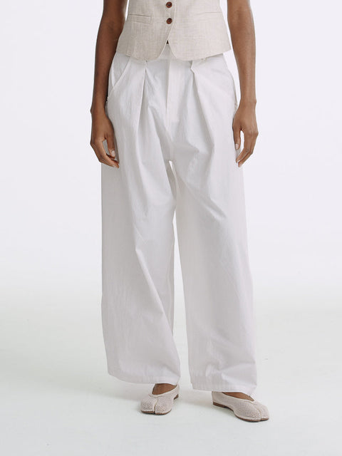 LT25053 Cotton Pleated Wide Leg Trousers White