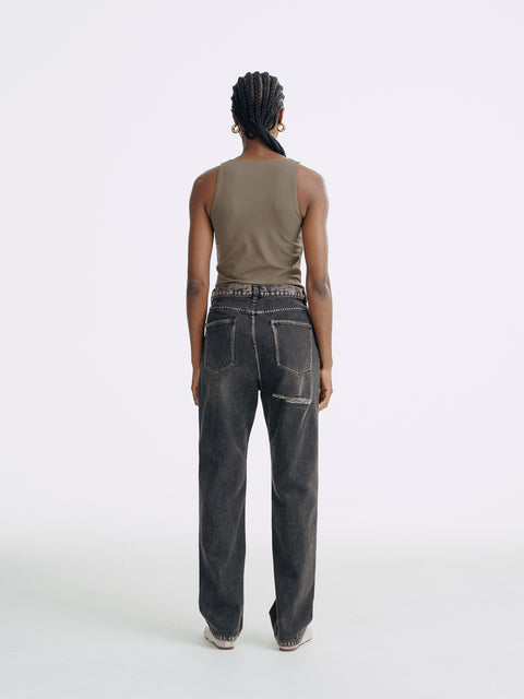 LT26045 Frayed Detailed Straight Leg Jeans