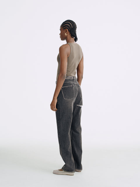 LT26045 Frayed Detailed Straight Leg Jeans
