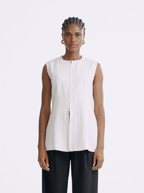 LT26041 Longline Linen Zip Vest White