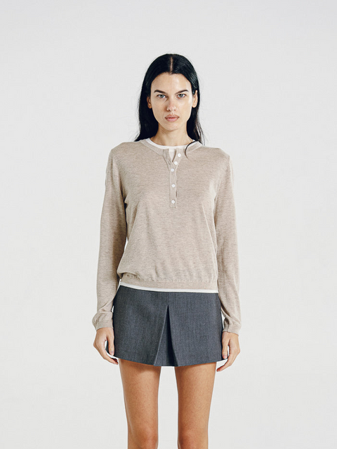Nora Two Tone Henley Knit Sweater Oatmeal