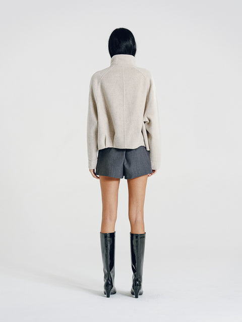 Wool Funnel-Neck Double-Breasted Coat Beige