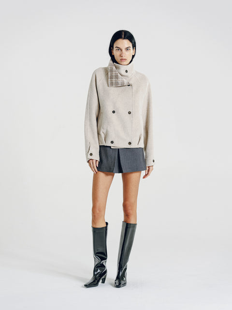 Wool Funnel-Neck Double-Breasted Coat Beige