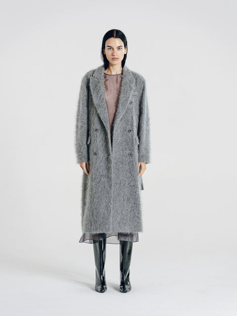 Brushed Wool-Cashmere Double-Breasted Coat Gray