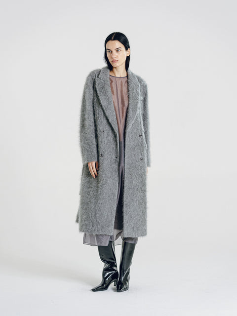 Brushed Wool-Cashmere Double-Breasted Coat Gray