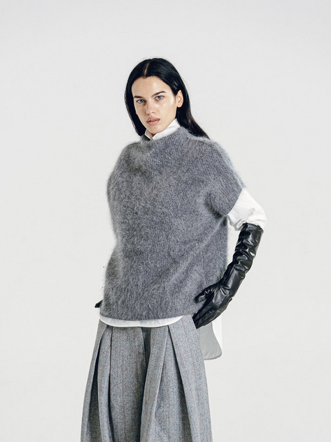 Brushed Cashmere-Wool Relaxed Short-Sleeves Sweater