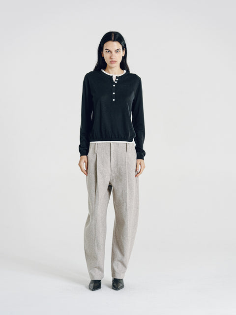 Nora Two Tone Henley Knit Sweater Black