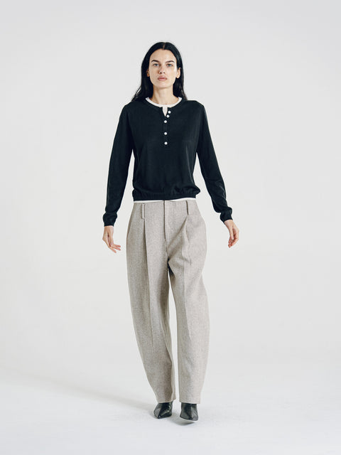 Nora Two Tone Henley Knit Sweater Black