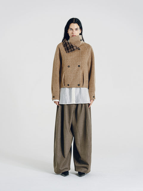 Wool Funnel-Neck Double-Breasted Coat Camel