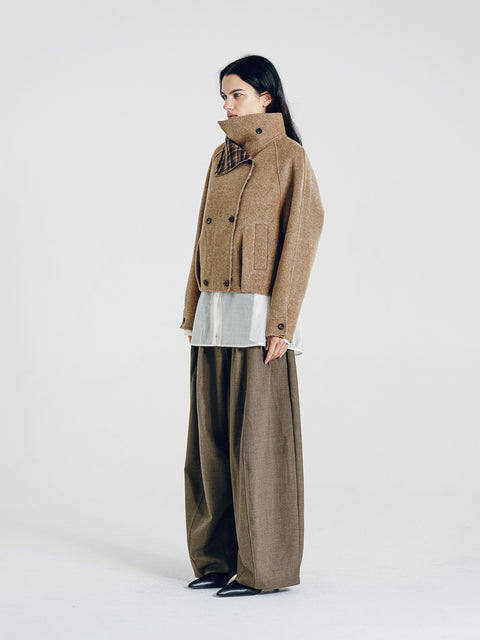 Wool Funnel-Neck Double-Breasted Coat Camel