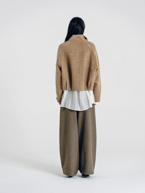Wool Funnel-Neck Double-Breasted Coat Camel