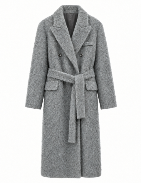 Brushed Wool-Cashmere Double-Breasted Coat Gray