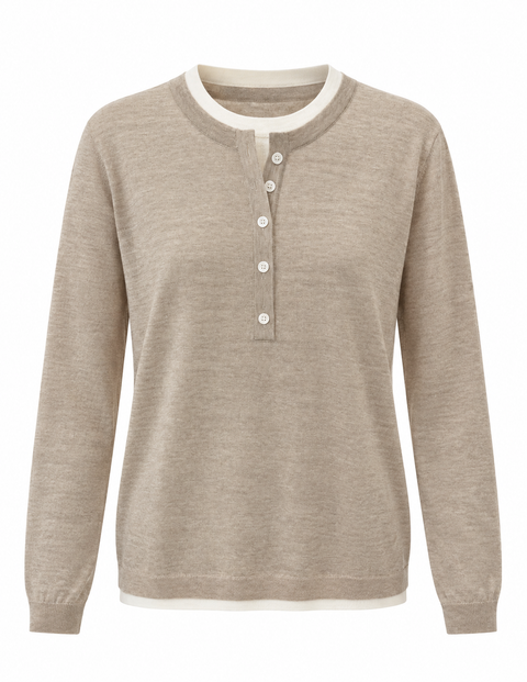 Nora Two Tone Henley Knit Sweater Oatmeal