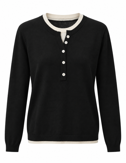 Nora Two Tone Henley Knit Sweater Black