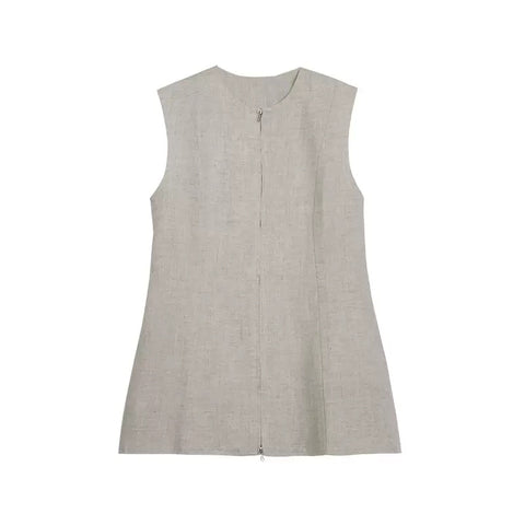 LT26041B Longline Linen Zip Vest Sand
